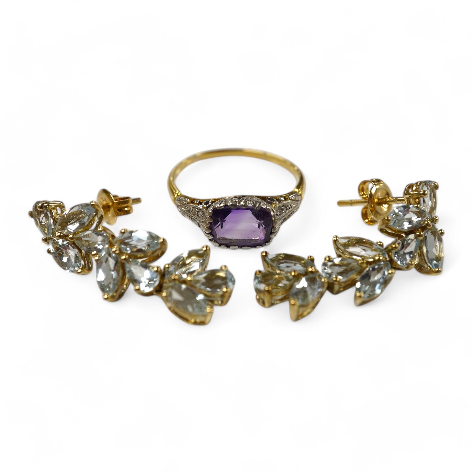 A pair of 9ct and blue stone cluster set drop earrings, 29mm diamond set ring together with a yellow metal and amethyst set ring, with diamond chip set shoulders, gross weight 5.8 grams. Condition - fair to good